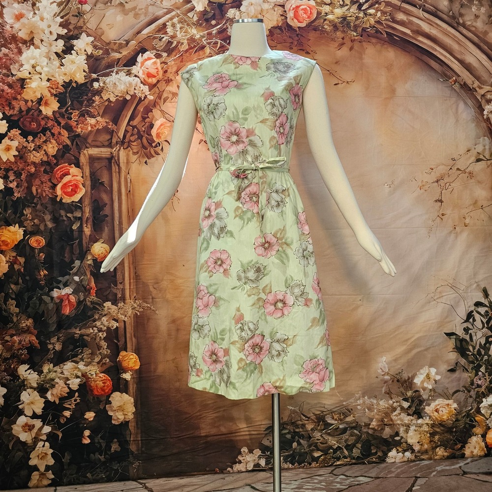 Vintage 1960s Floral Dress Tan Green Pink Sleeveless A-Line Belted Shift Mod - Picture 5 of 8